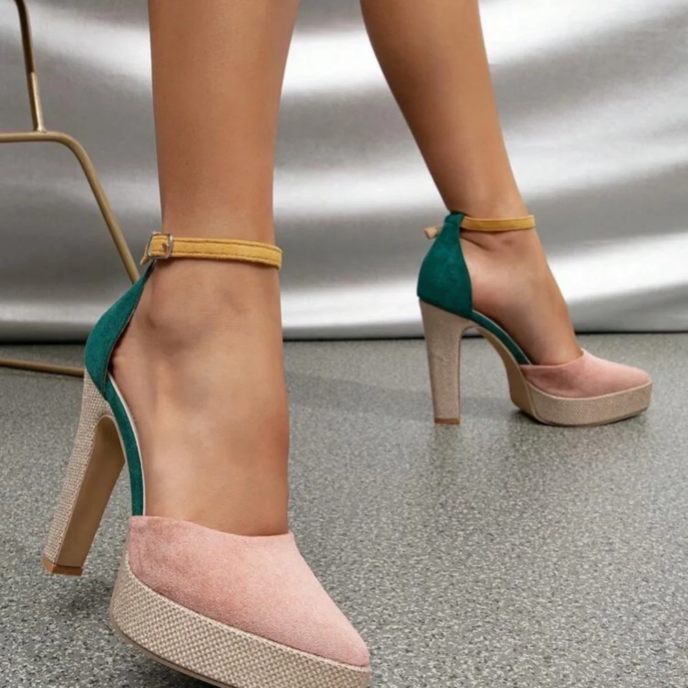 Chic Green and Pink Block Heel Mary Janes - Picture 3 of 5